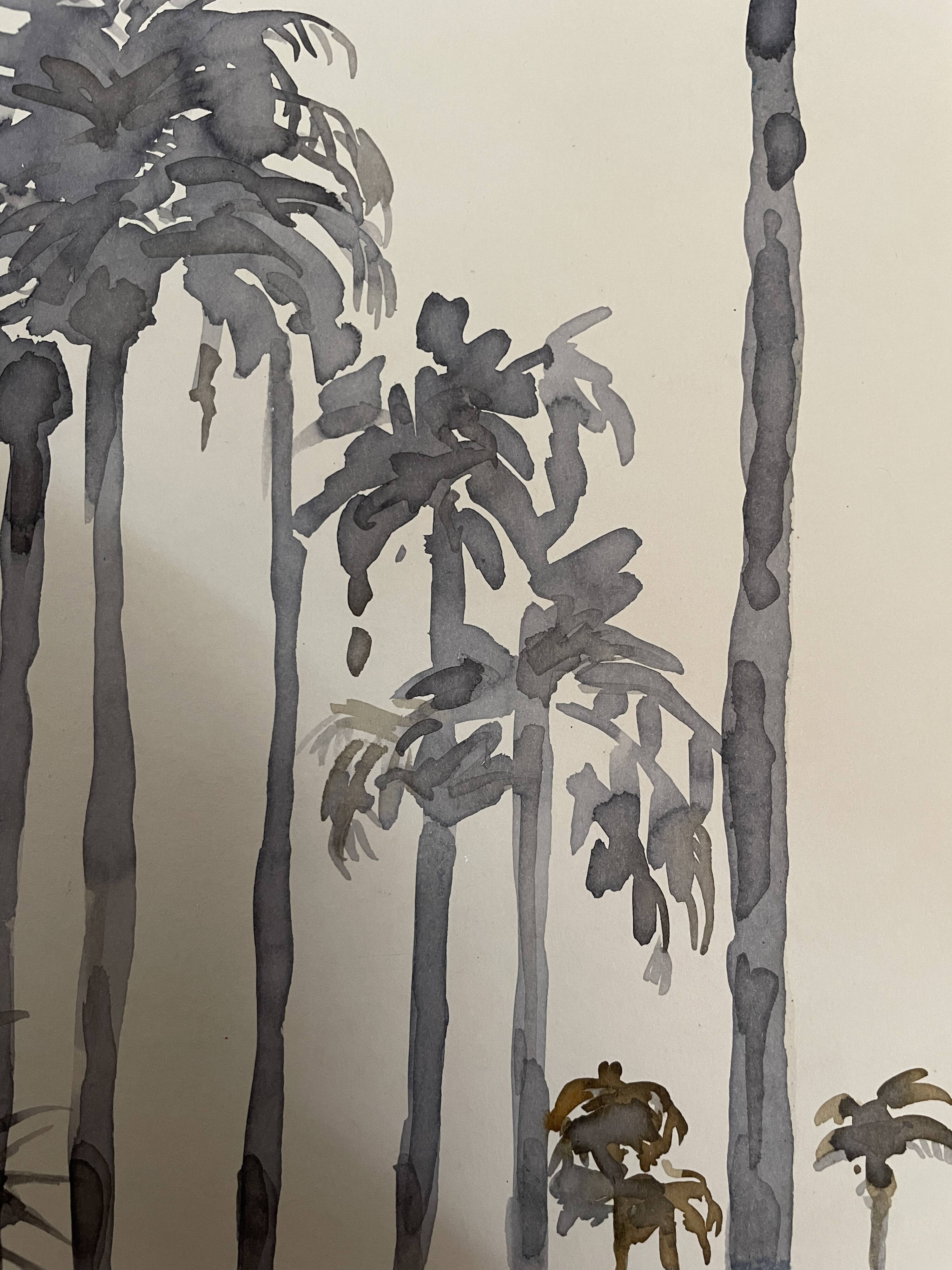Signed monochrome watercolor painting “sunset over the palm trees”