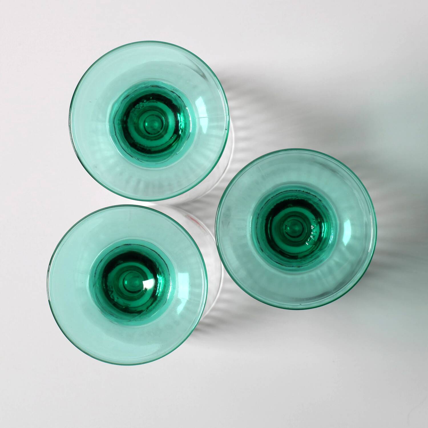 Set of 3 Vintage Bormioli Rocco Wine Glasses: Green Stem Harmonia Flutes