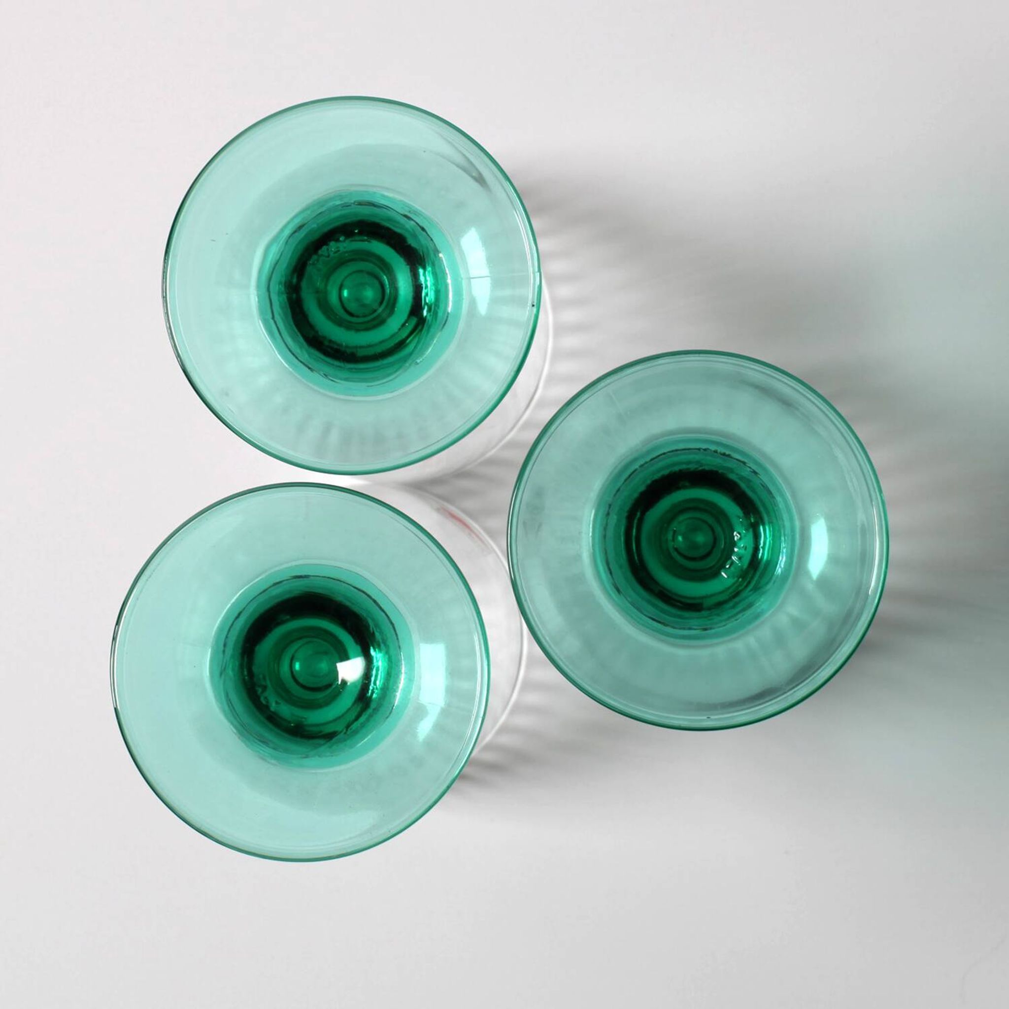 Set of 3 Vintage Bormioli Rocco Wine Glasses: Green Stem Harmonia Flutes