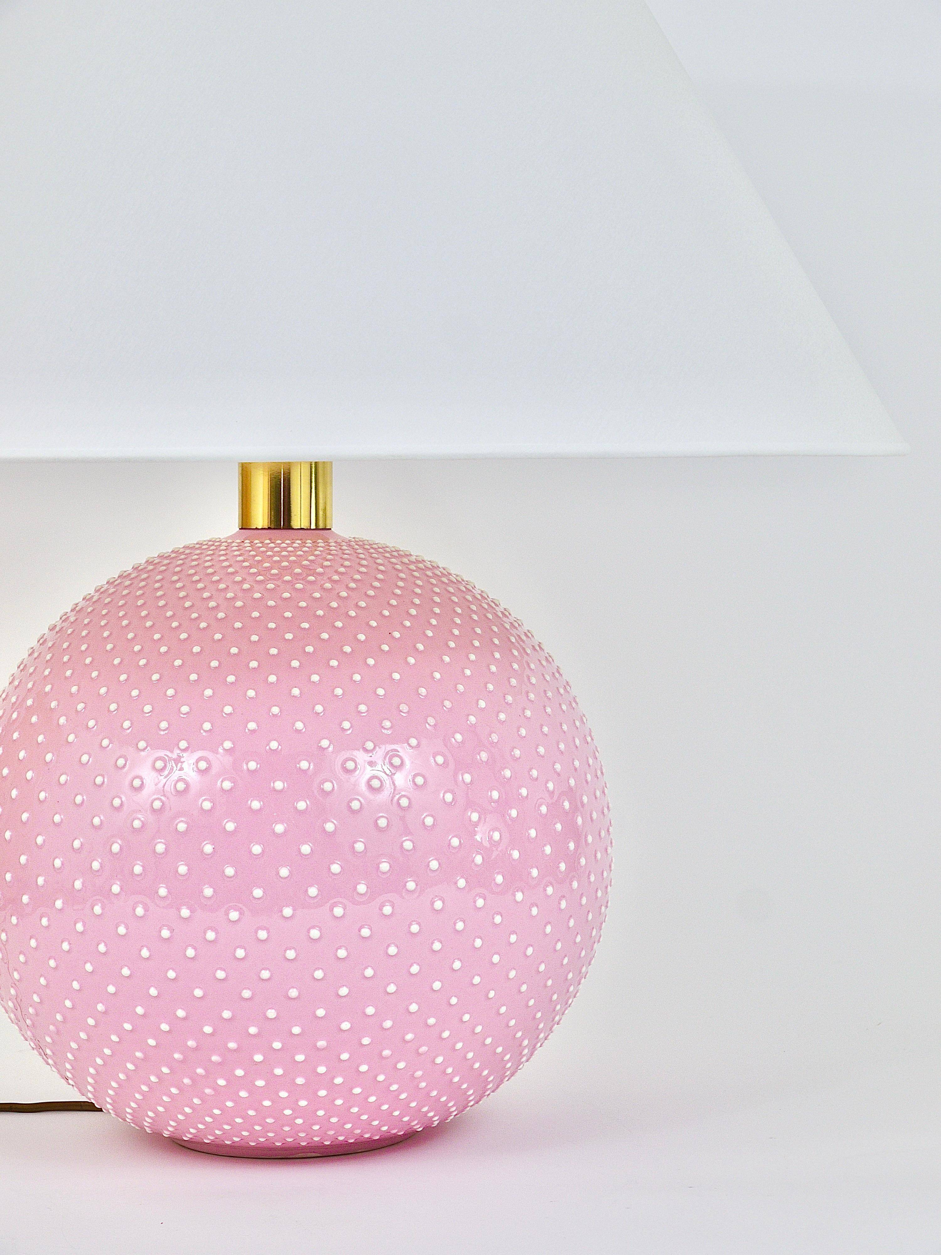 Pastel pink polka dot spherical table lamp, ceramic, brass, Studio Paf Milano, 1970.