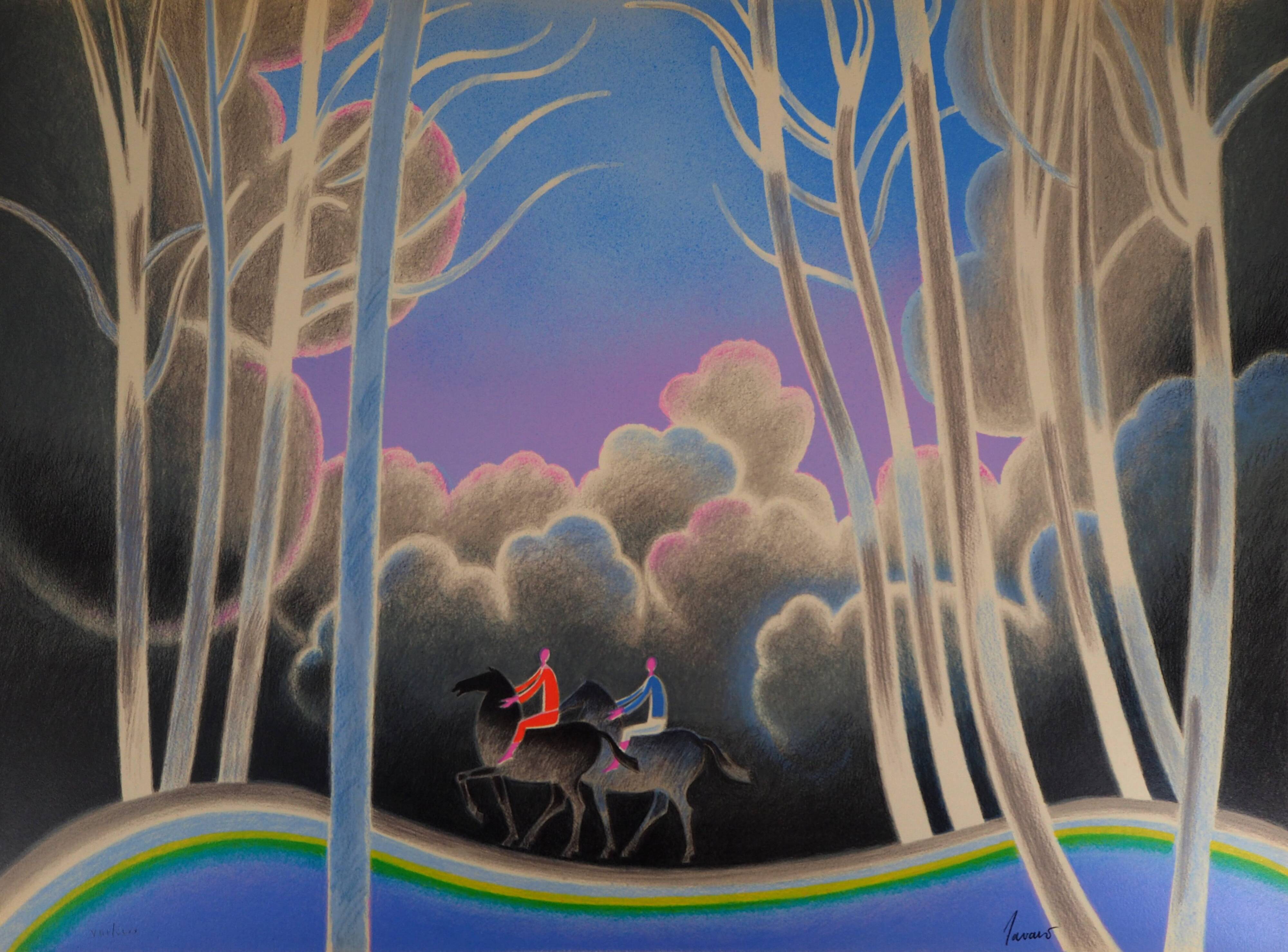 Albert Zavaro: couple of horse riders on a stroll - original lithograph s