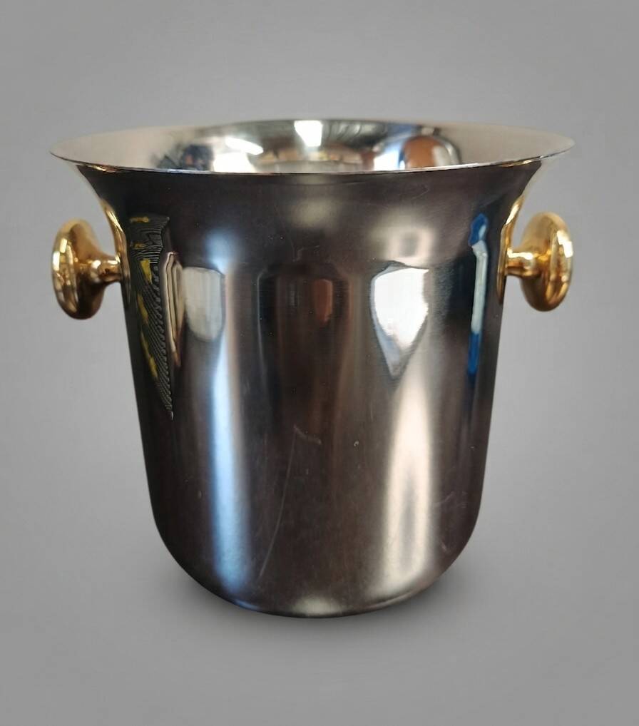Elizabeth champagne bucket, SAF Inox, 18/10 stainless steel and Zecchino gold, 1970.