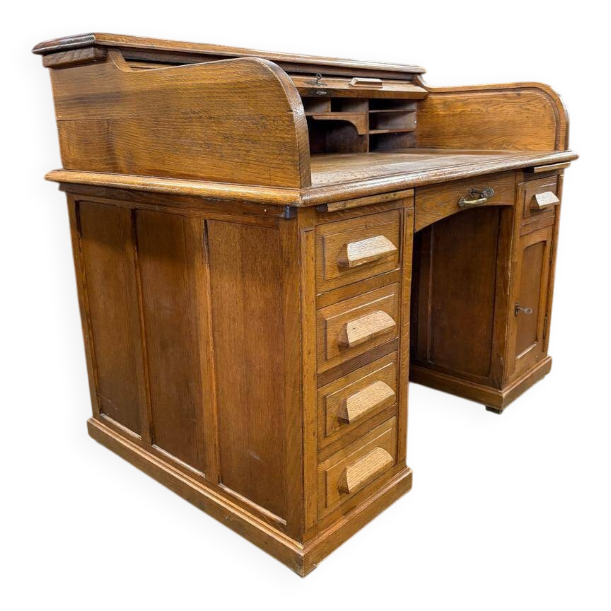 Vintage American desk made of solid wood with a curtain.