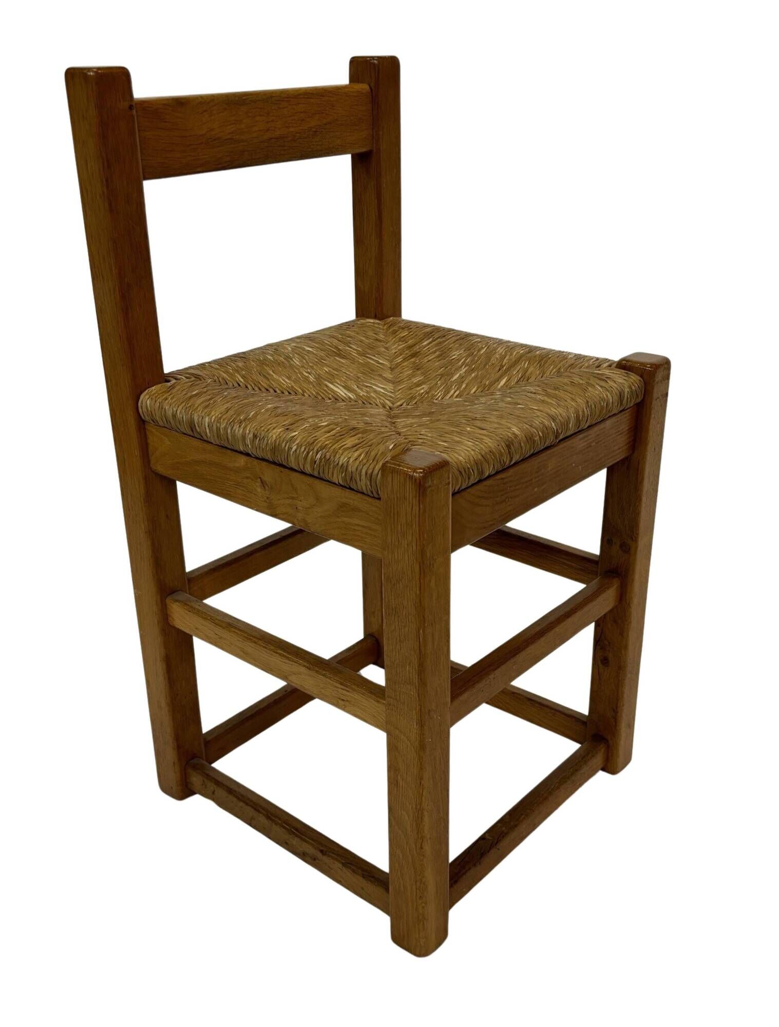 Set of four vintage chairs / stool - brutalist style minimalist oak and wicker 60s