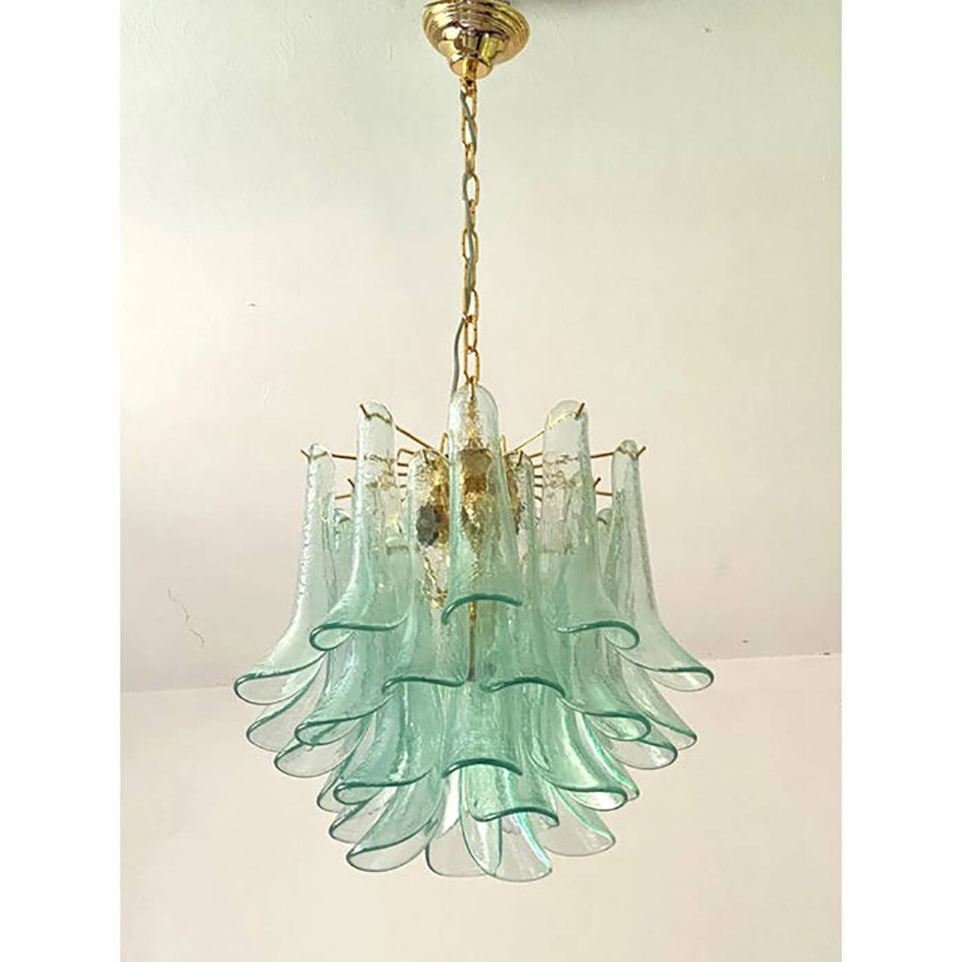 Lot of 2 Contemporary Green Murano Style Glass "Sella" Chandelier With Gold