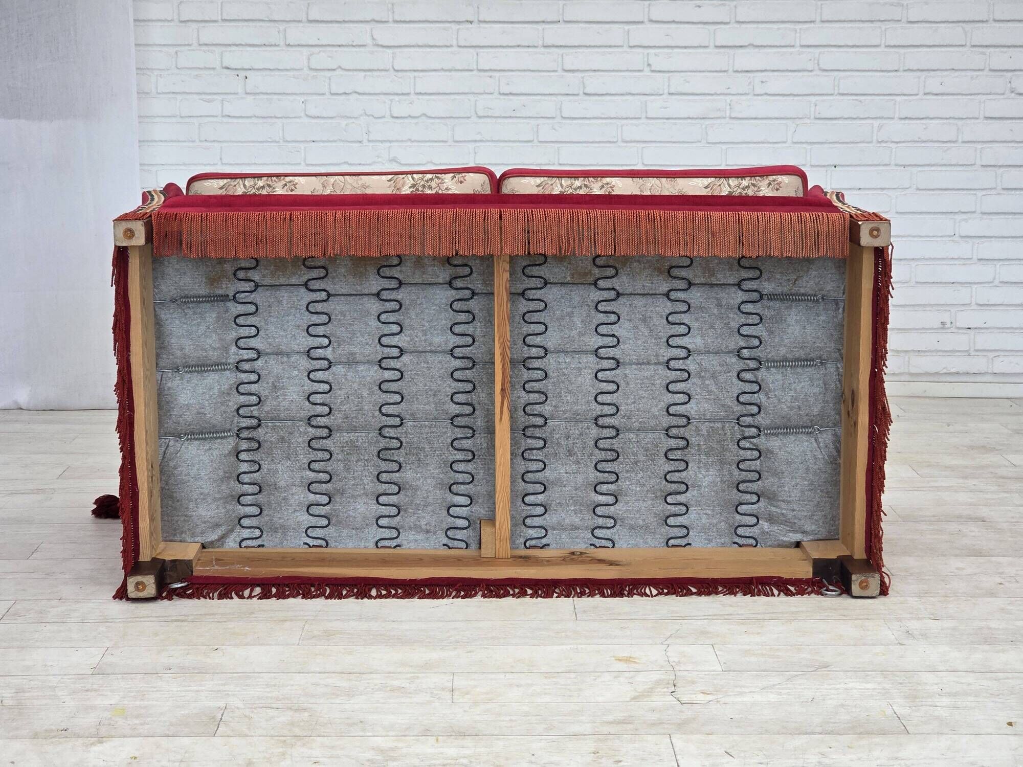 1970s, Danish 2-seater "Spanish" drop arm sofa, furniture velour.