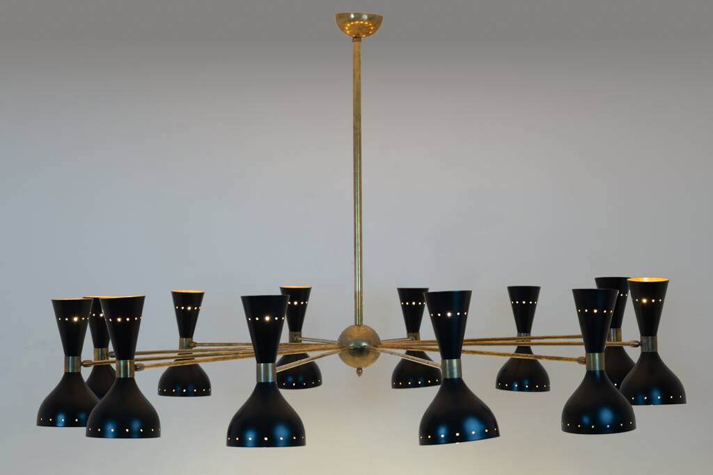 Diabolo chandelier in patinated and black lacquered brass. Contemporary.