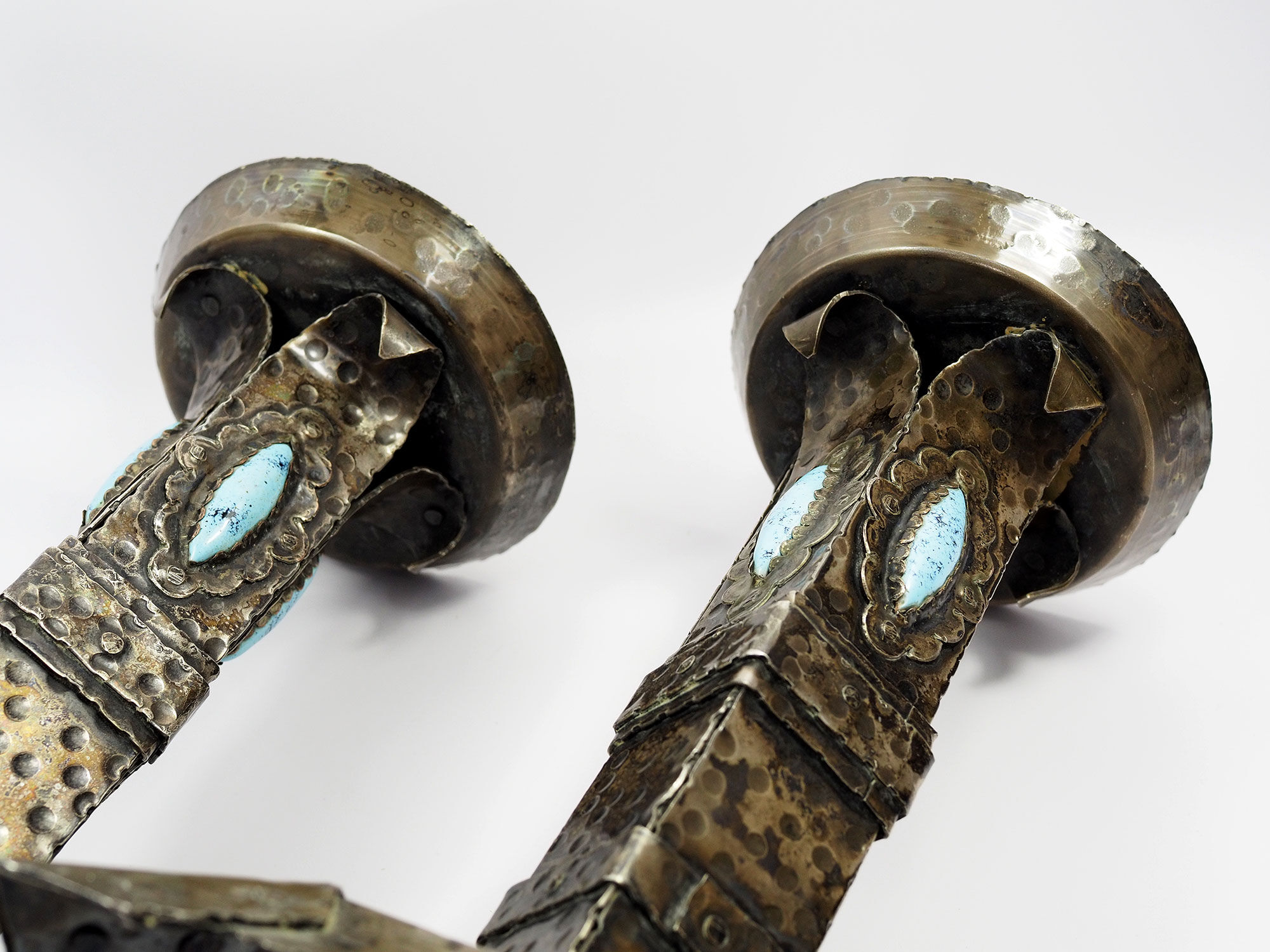 Arts and Crafts Style Forged Metal and Turquoise Glass Candlesticks