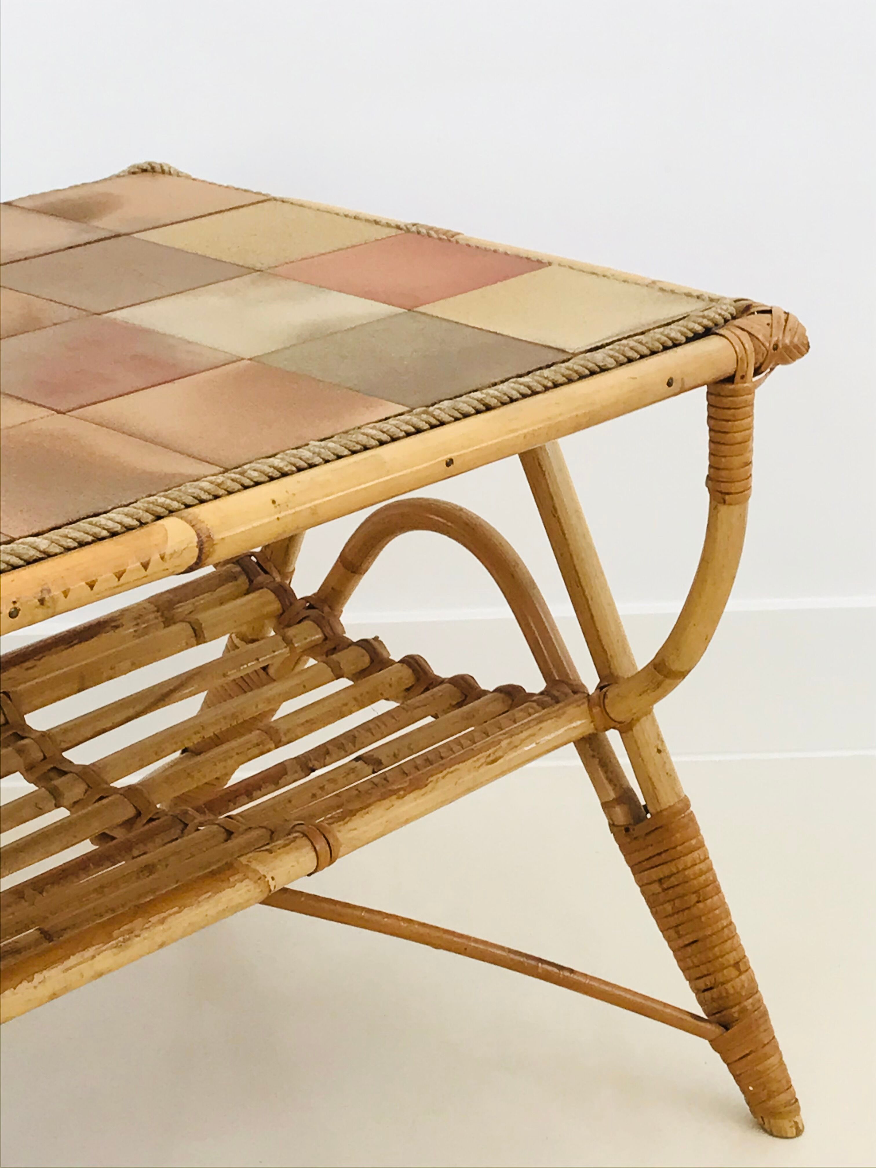 Rattan coffee table and ceramic tiles, France 60s