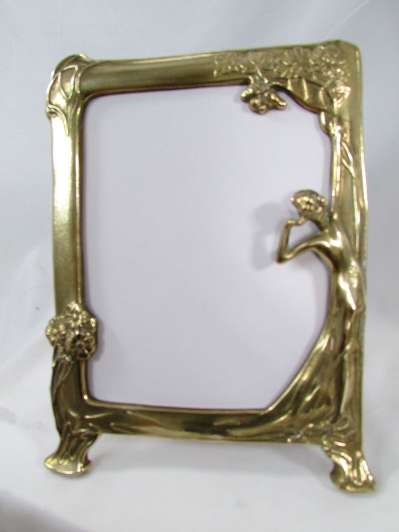 Tilting table mirror and art nouveau photo holder in bronze
