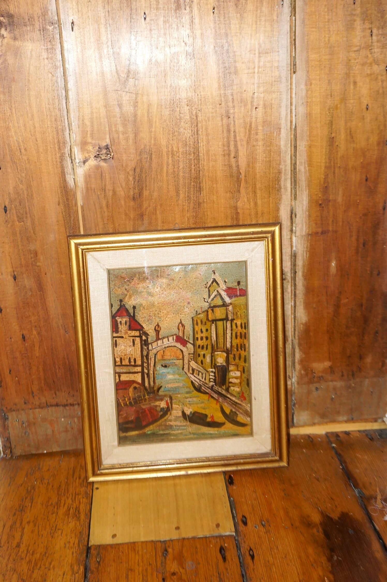 vintage oil painting venice scene * framed canvas * mid-century