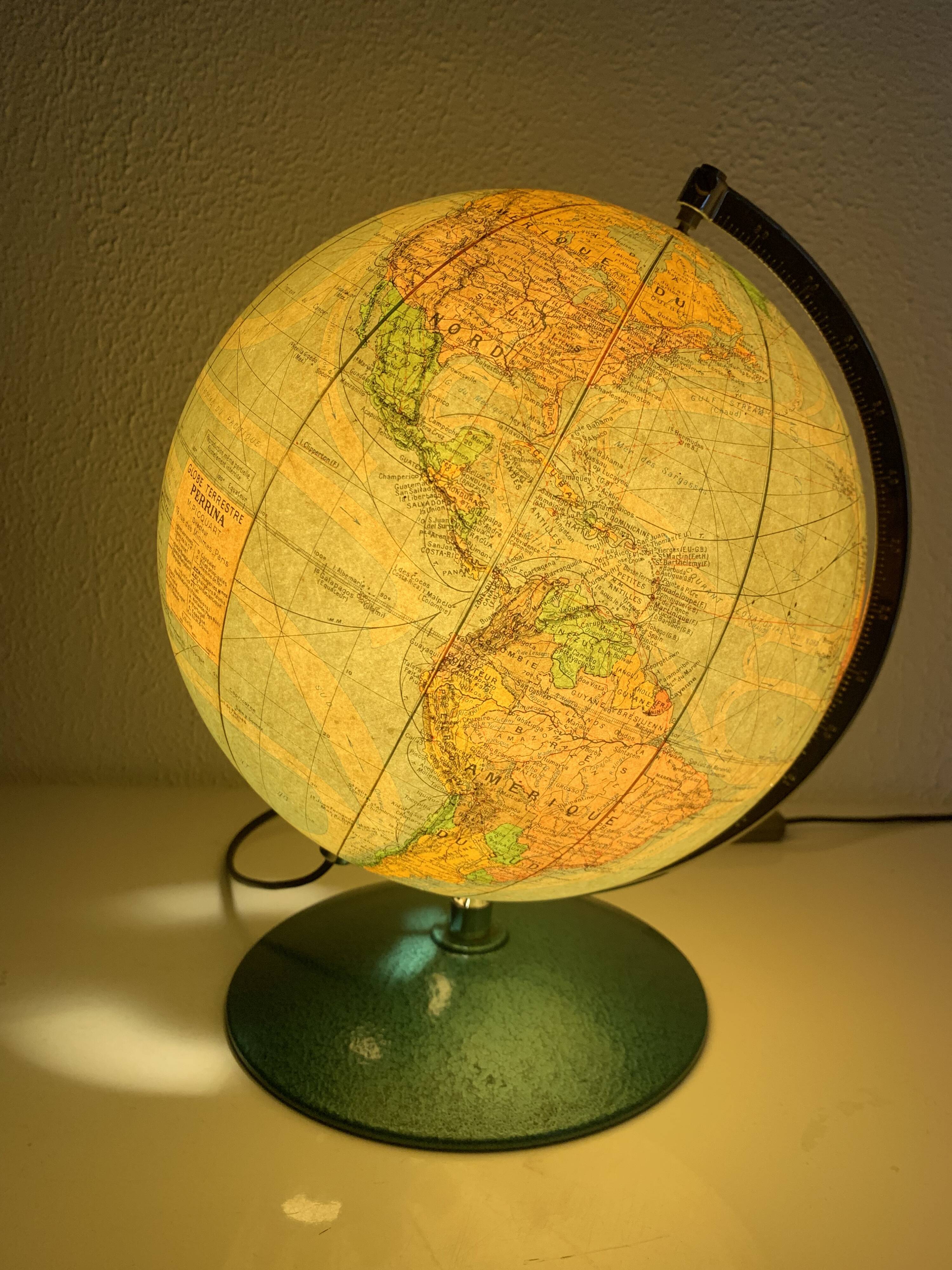 Vintage 1960s Perrina glass globe, green lacquered, world map - 33 cm