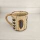 Set of 4 ceramic mugs, glazed stoneware, assorted vintage designs.