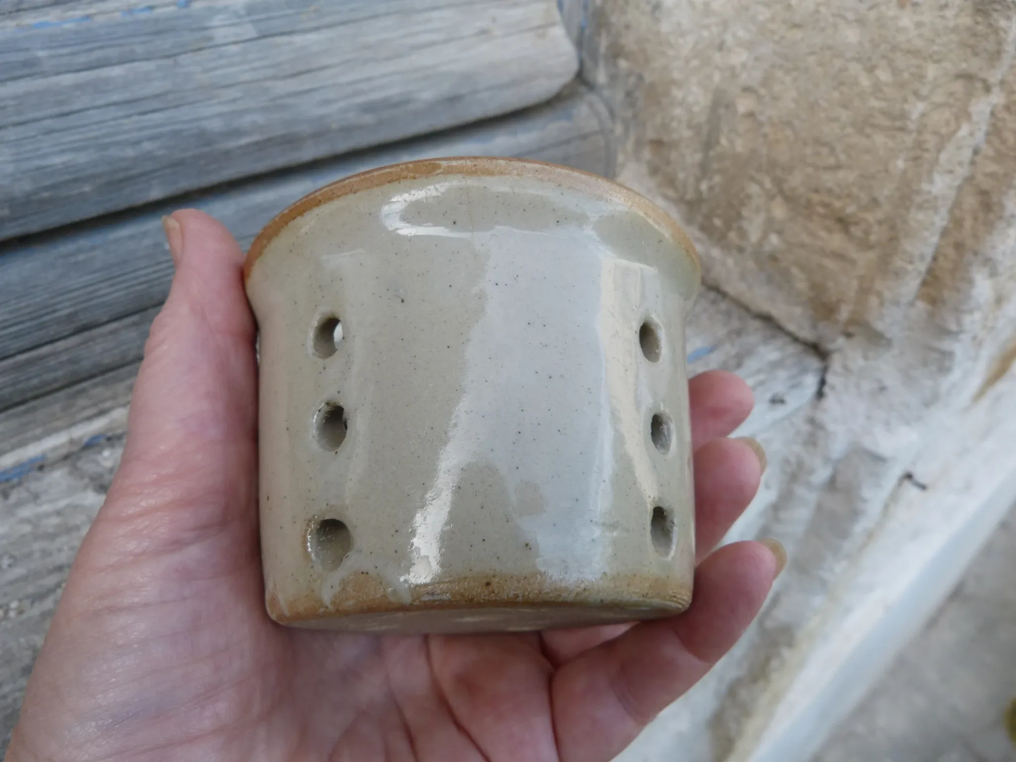 Vintage cheese draining pot in antique stoneware