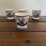 Set of 4 antique delft egg cups, white ceramic with blue vinta decor