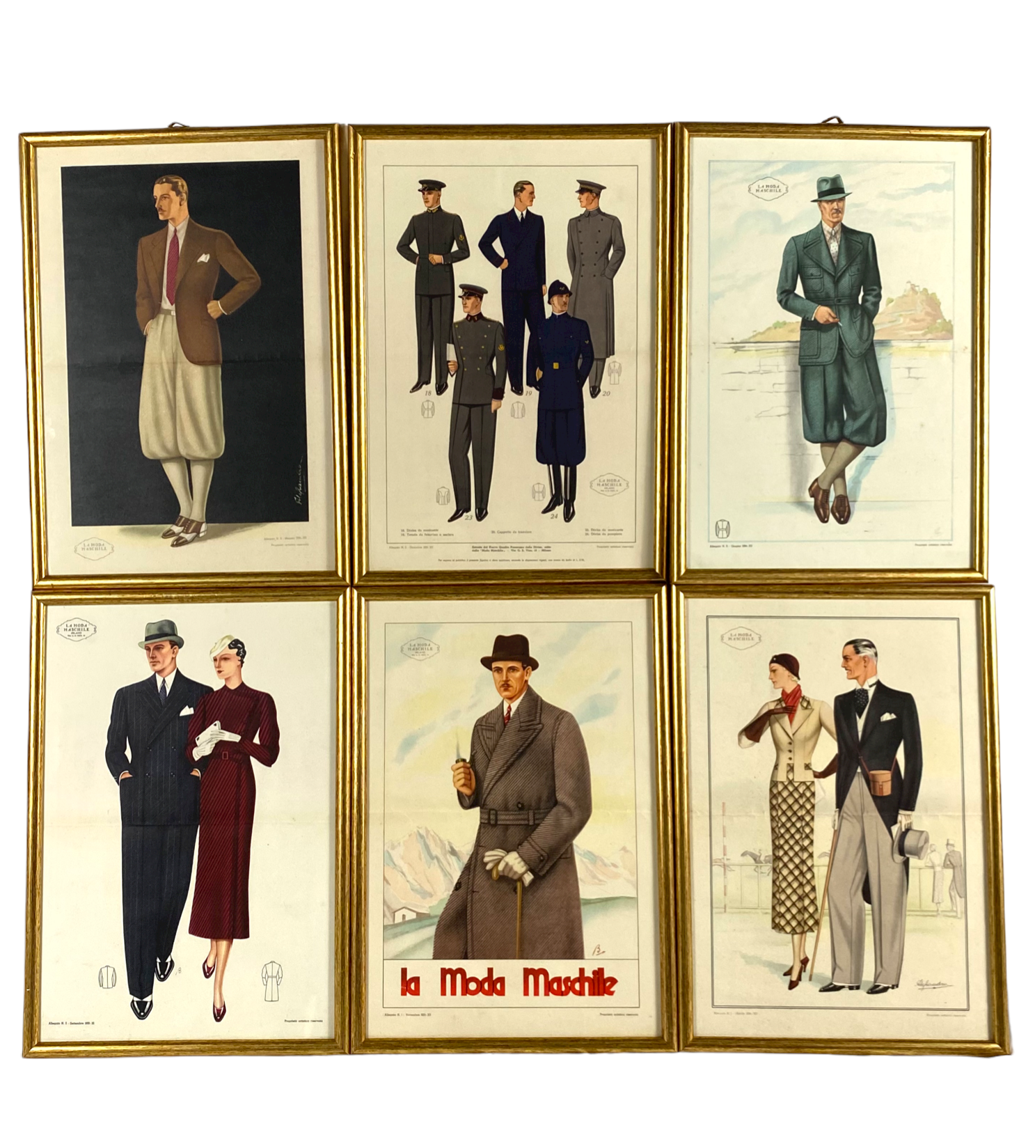 'La Moda Maschile', Set of 6 framed original illustrations of men's fashion from the 30s, Italy 1930