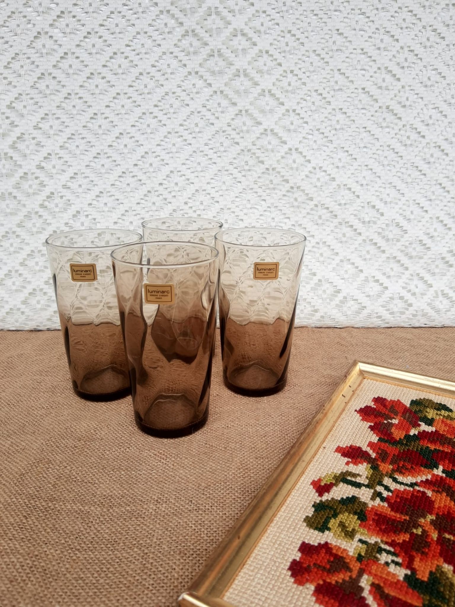 Set of 4 smoked glasses luminarc france vintage