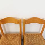Set of 4 vintage brutalist chairs in light wood and straw from the 70s