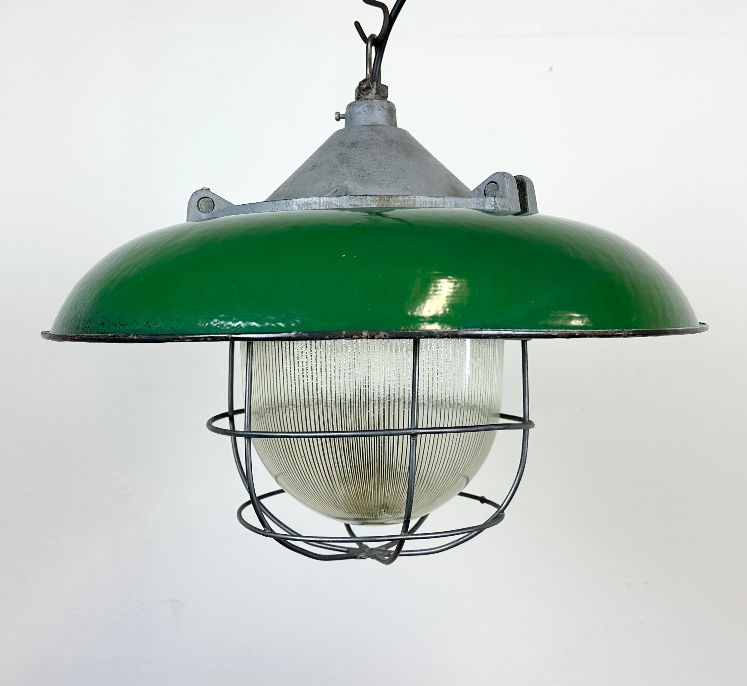 Industrial Green Enamel Factory Cage Pendant Lamp in Cast Iron from Zaos, 1960s