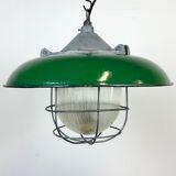 Industrial Green Enamel Factory Cage Pendant Lamp in Cast Iron from Zaos, 1960s
