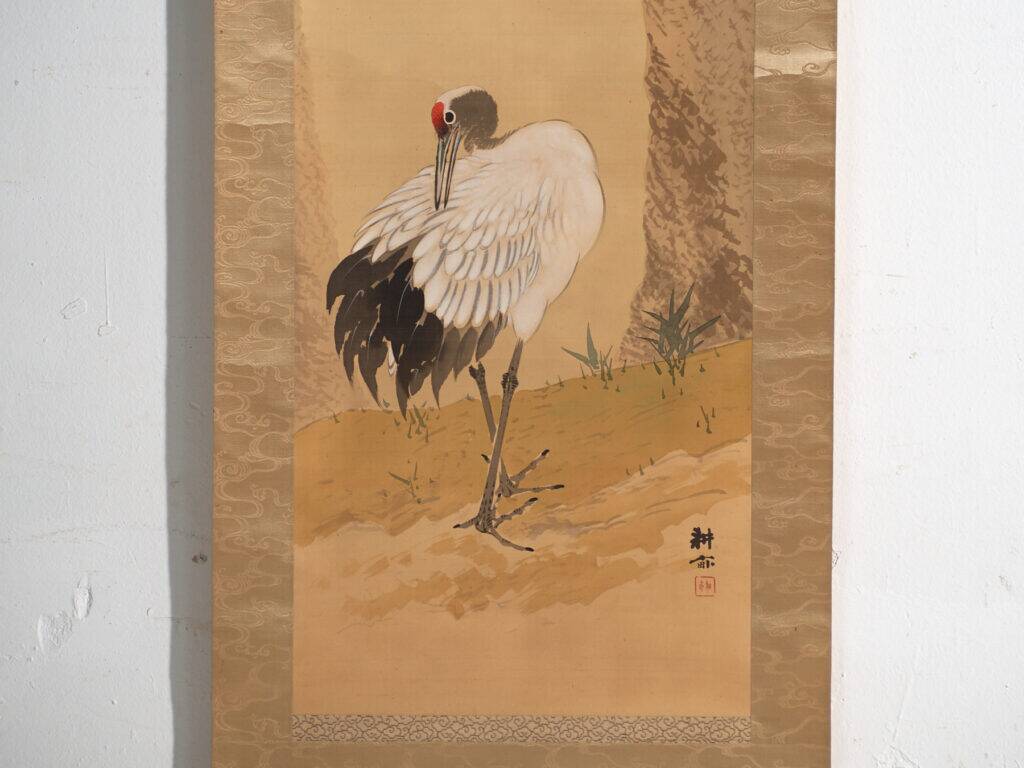 Japanese kakejiku of a coloured crane on paper – Japan, circa 1900