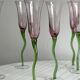 Set of 6 blown glass champagne glasses, green twisted feet