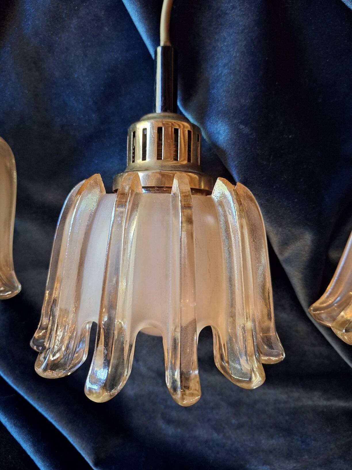 Set of 3 Doria pendant lights in brass and amber-coloured glass, 1960s
