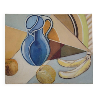 Old Painting Cubist Still Life With Apples And Bananas 20th Century