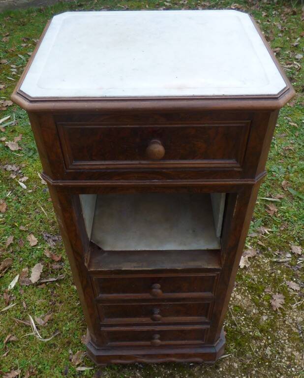 Walnut and walnut veneer bedside table with marble around 1900, door with drawers
