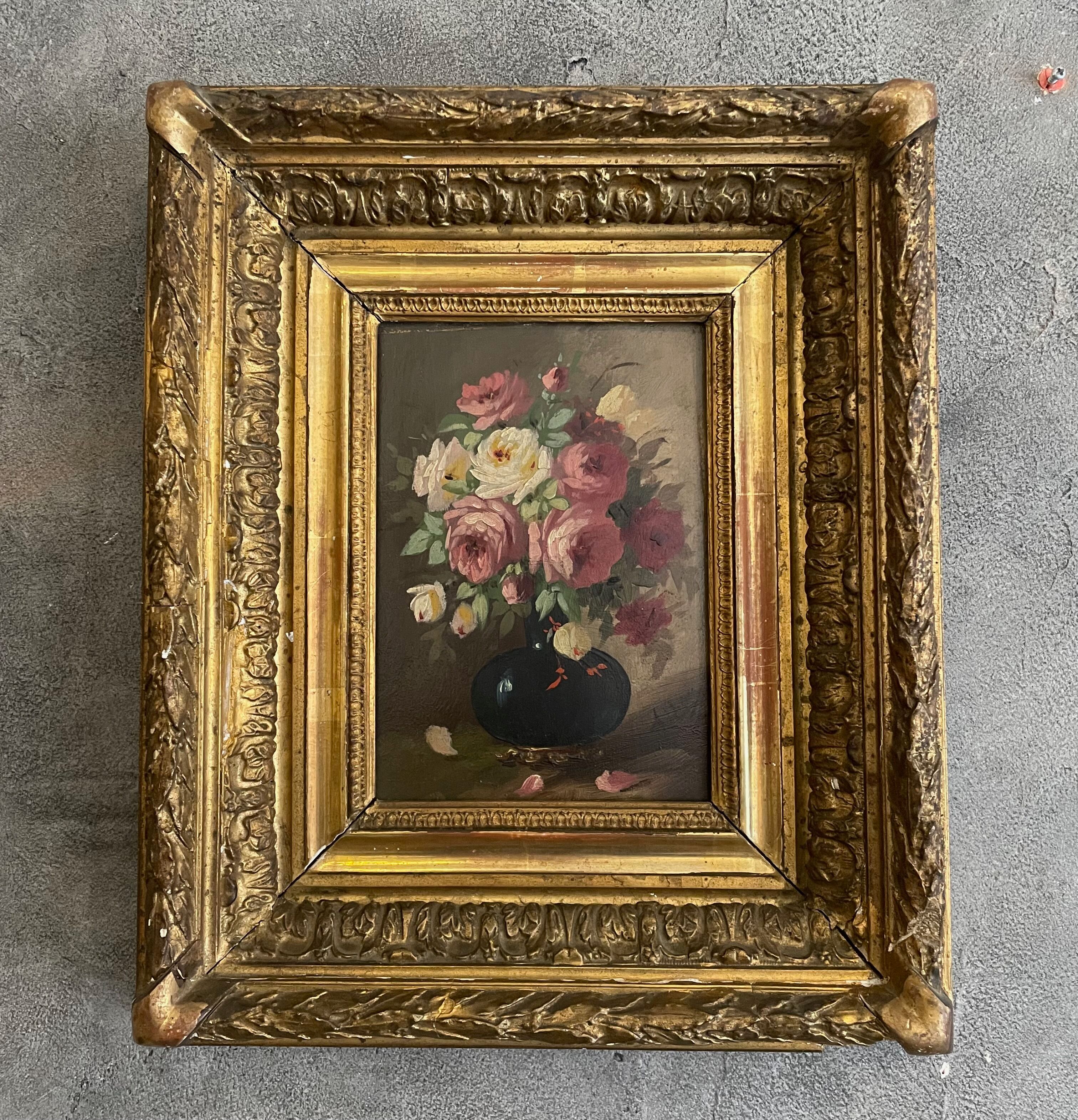 Golden framed flower bouquet painting