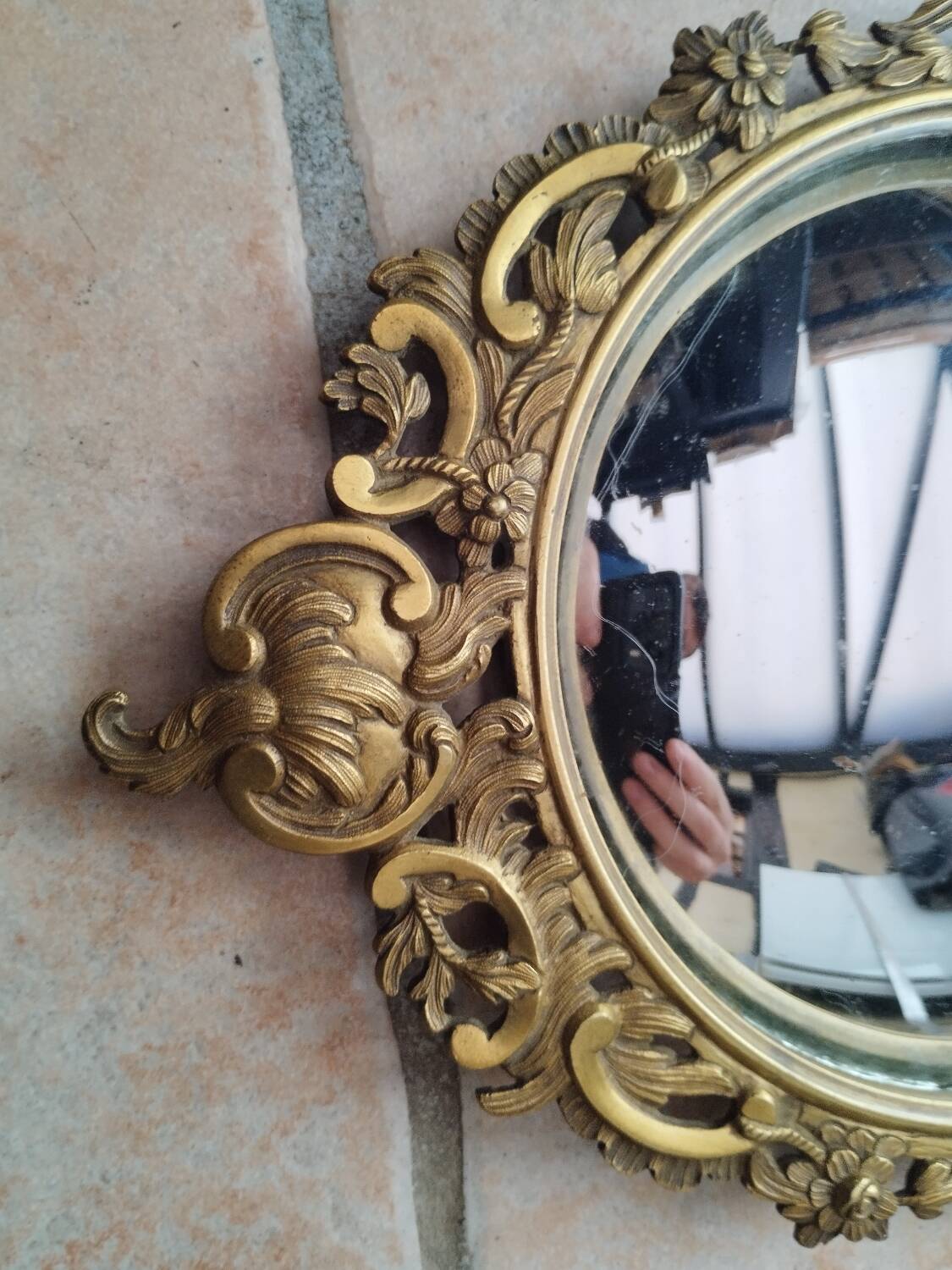 Pair of antique witch mirrors, curved glass, bronze frame