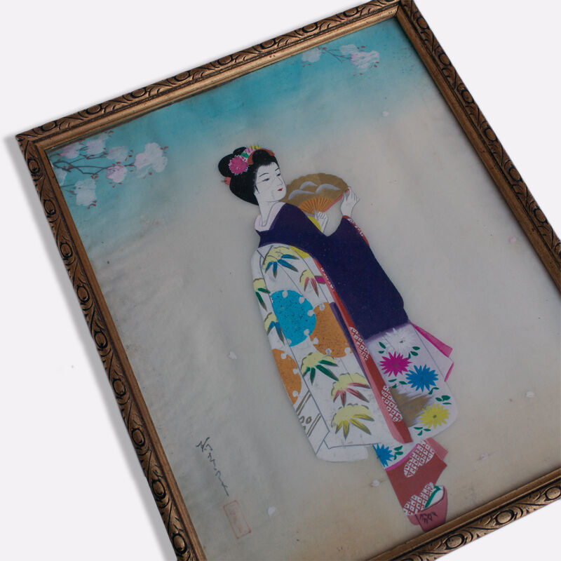 Peinture sur soie (Geisha japonaise) asiatique, Jeune femme en kimono & éventail, vintage rare