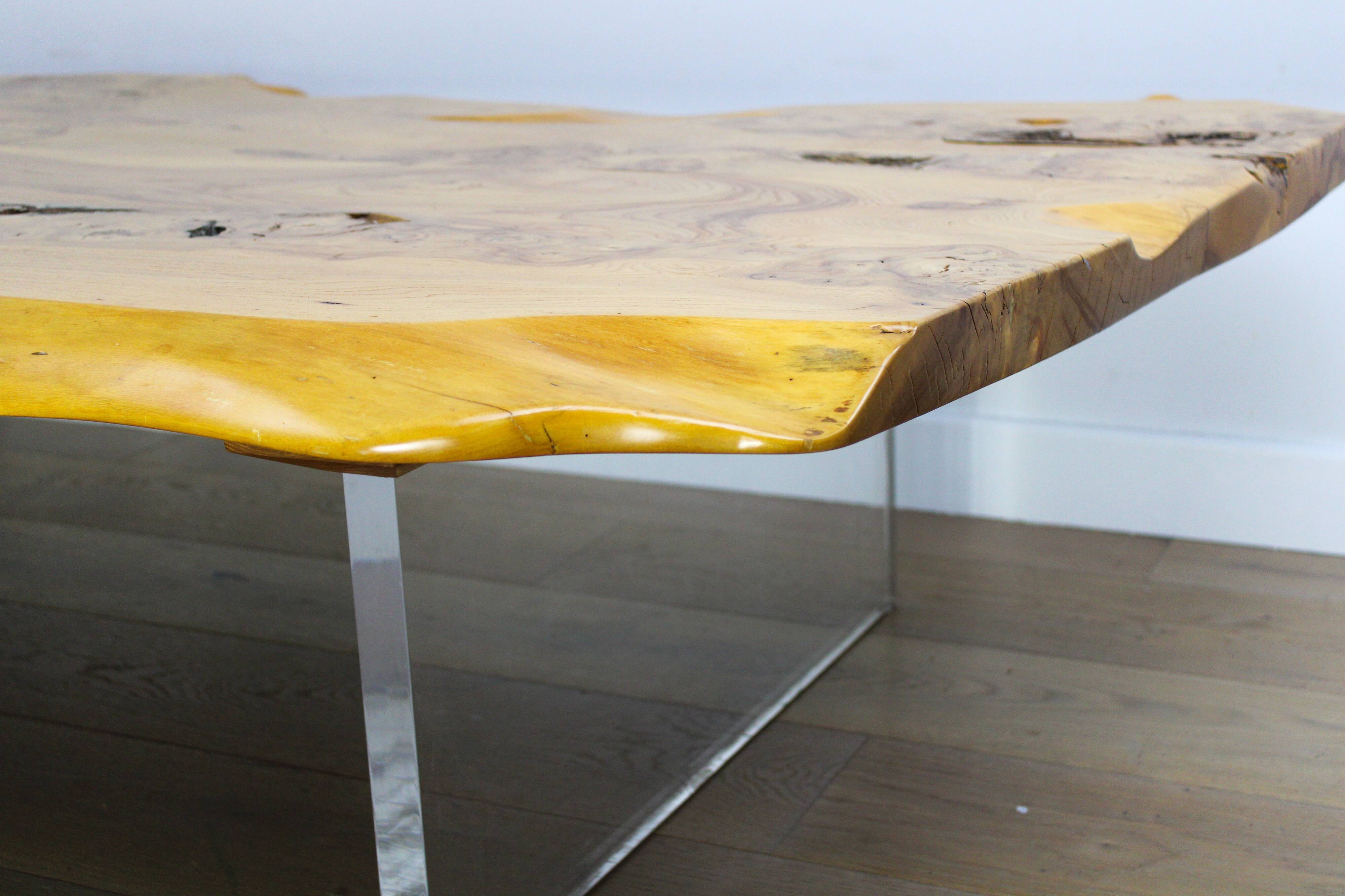 'Floating' mid-century Italian burr elm coffee table on Lucite blocks
