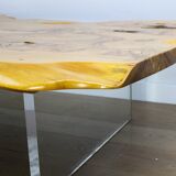 'Floating' mid-century Italian burr elm coffee table on Lucite blocks