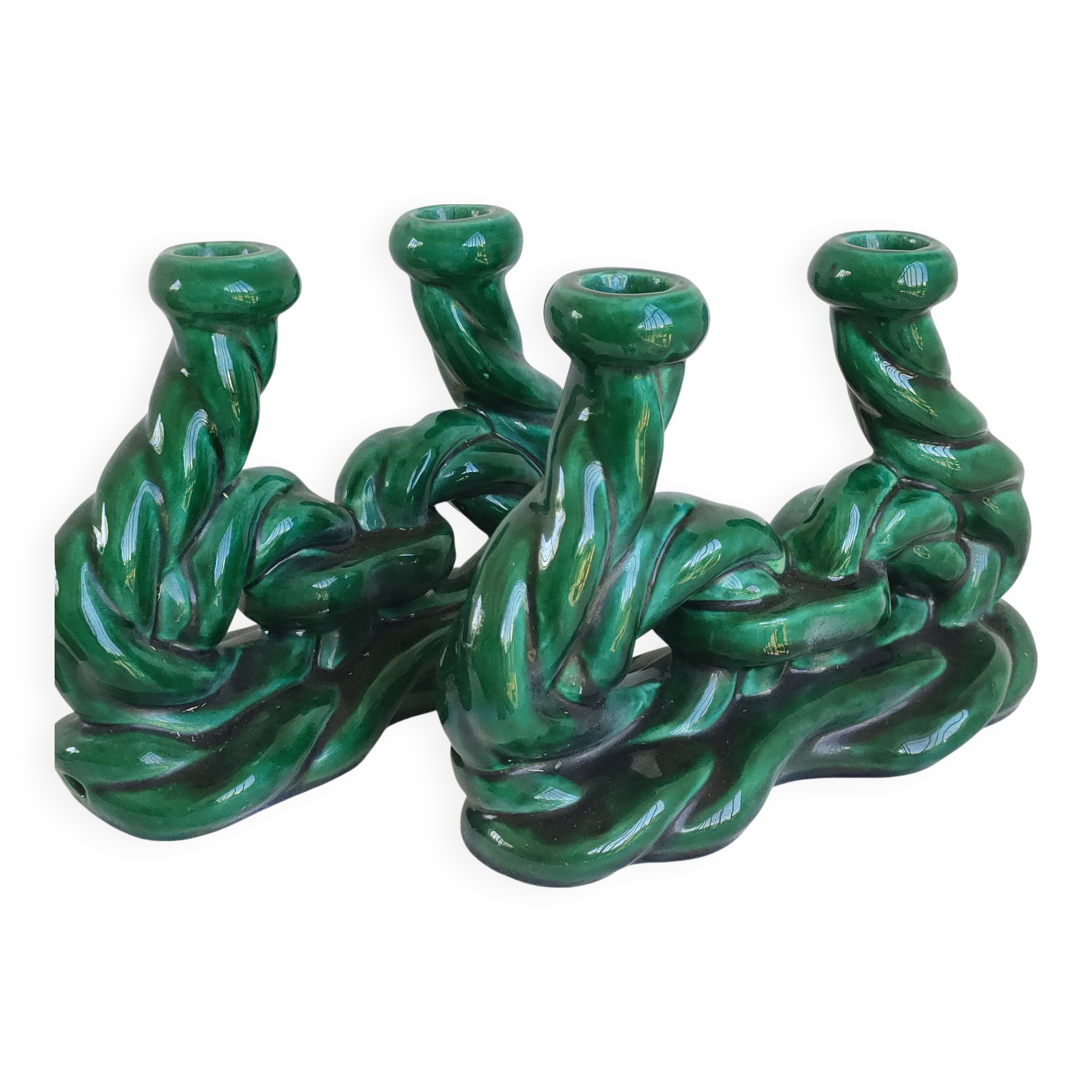 Set of 2 green ceramic candlesticks signed Hubert Pernin, Vallauris
