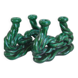 Set of 2 green ceramic candlesticks signed Hubert Pernin, Vallauris