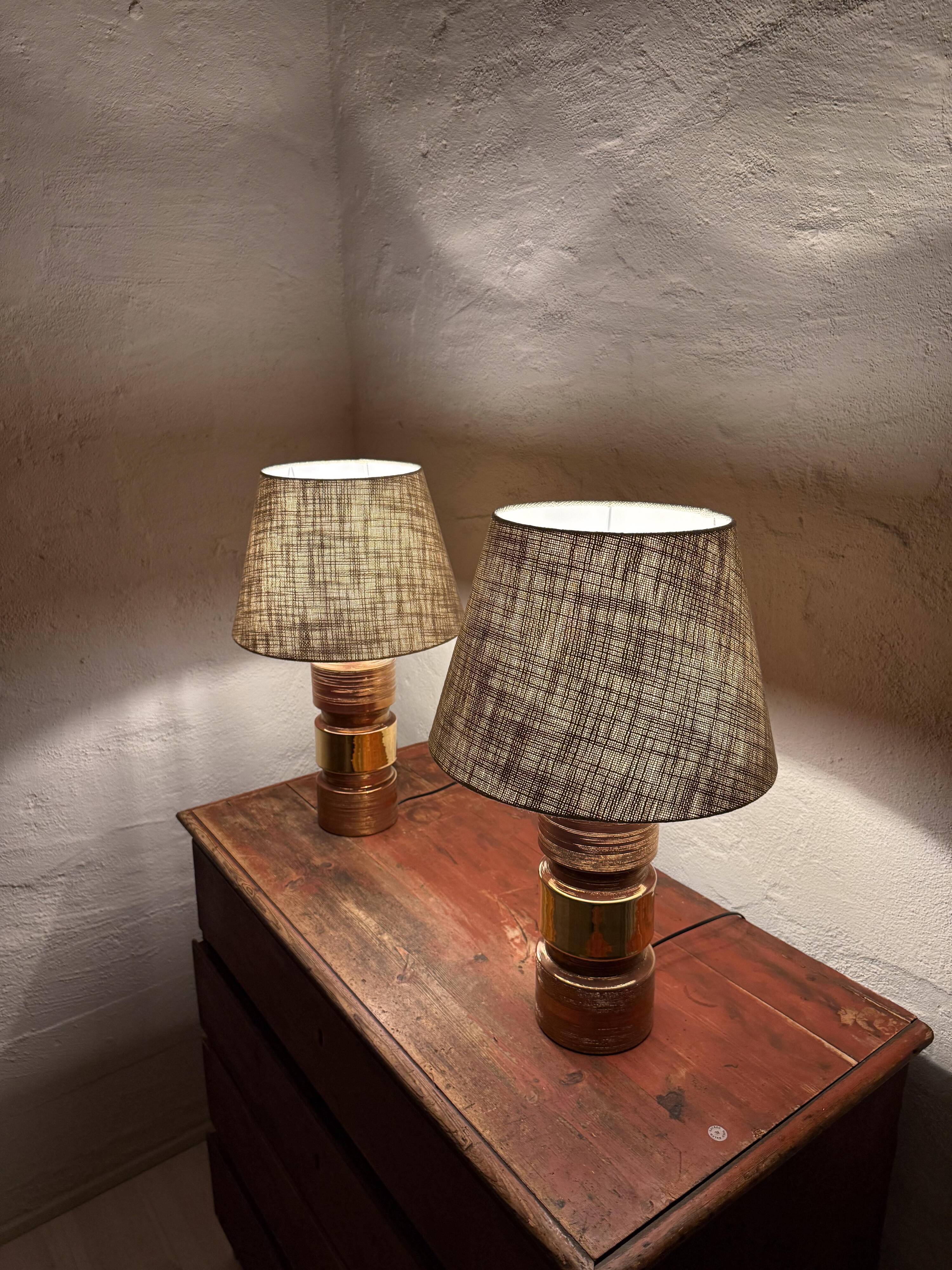 Vintage Bergboms Bitossi table lamps, ceramic with copper glaze, Sweden 1960s.