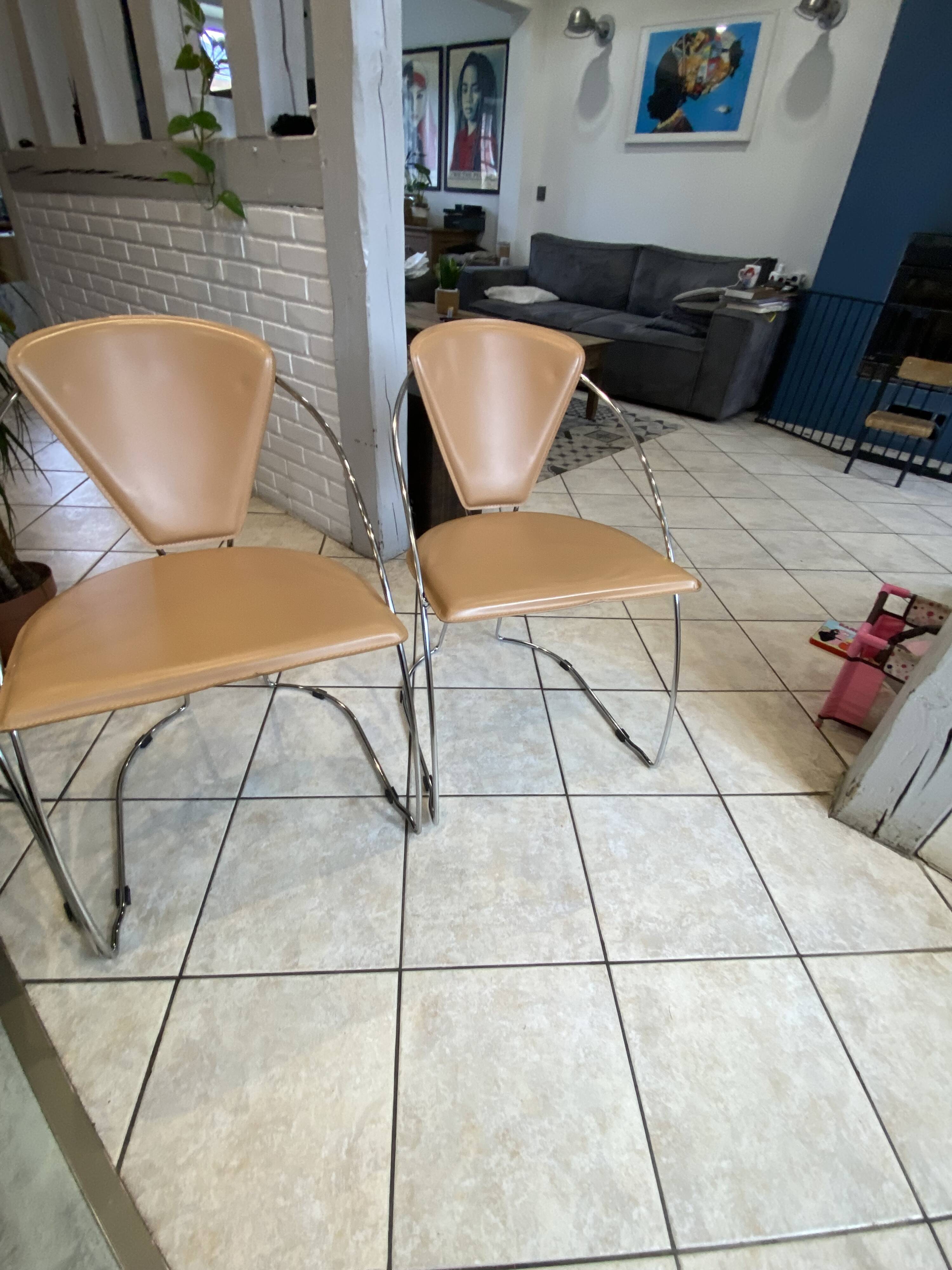 Set of 4 Linda armchairs by Arrben in camel leather with a chrome frame.