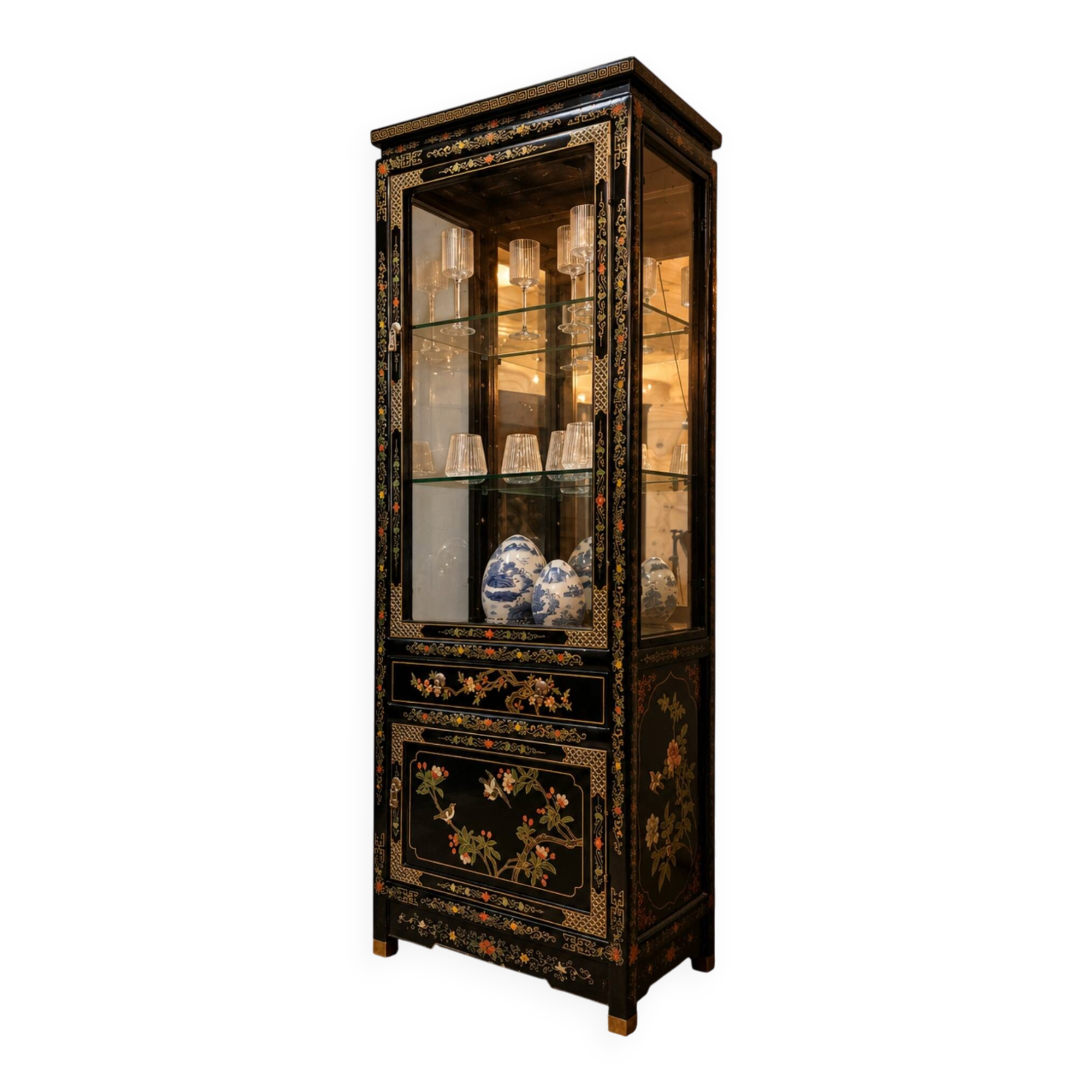 Vitrine chinoise vintage avec miroir, décor fleurs et oiseaux