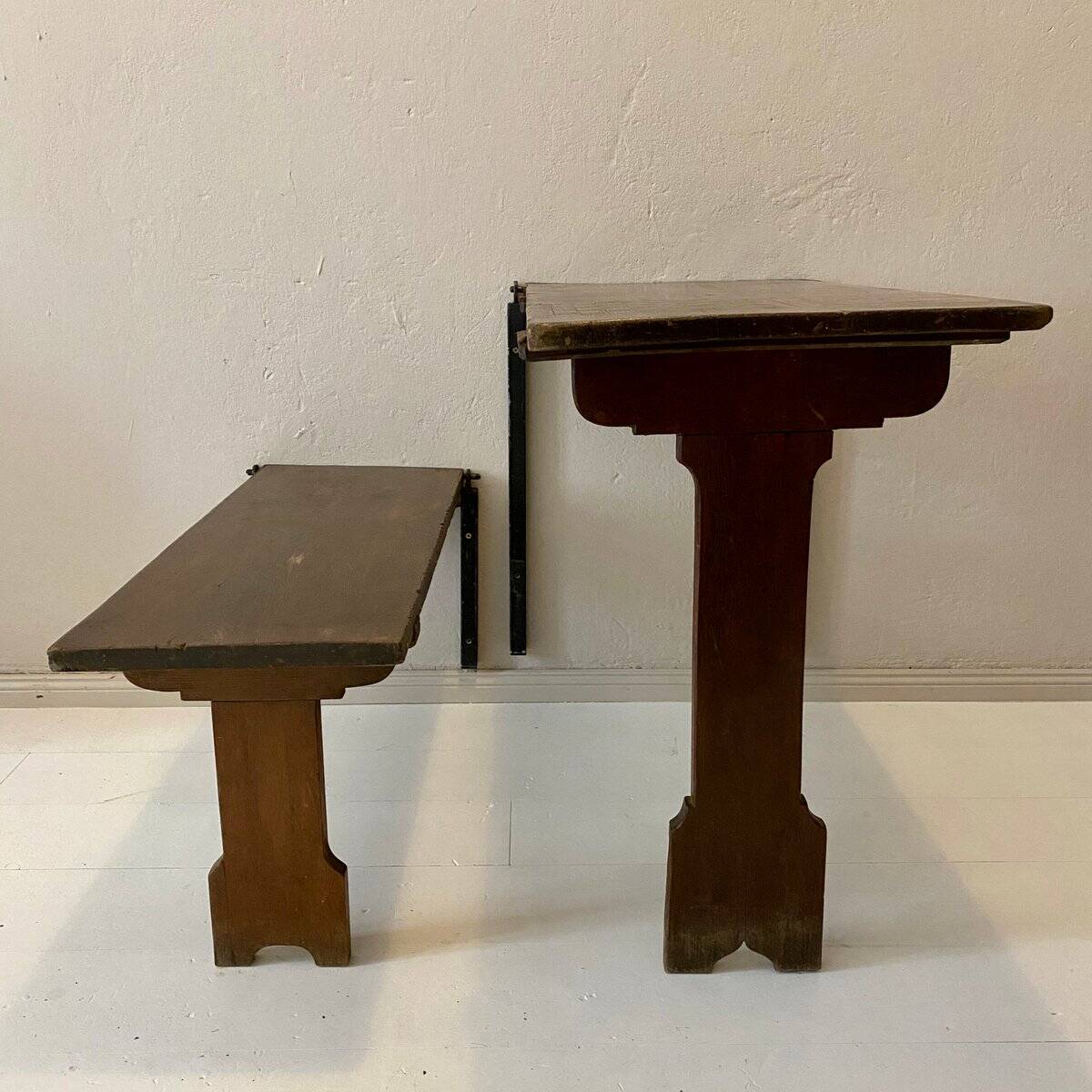 Art Deco German Wabi Sabi Brown Oak Prison Cell Table and Bench, 1930s, Set of 3
