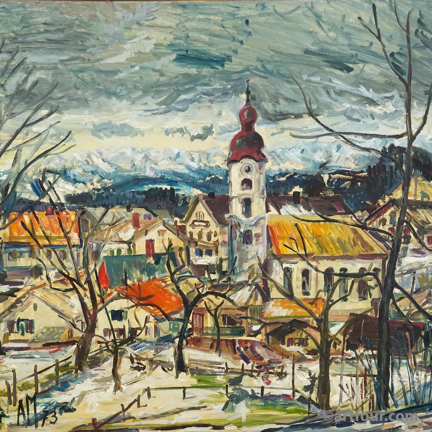 Vintage oil painting of a Bavarian village, Alexander Michael 1973.