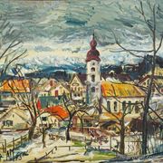 Vintage oil painting of a Bavarian village, Alexander Michael 1973.