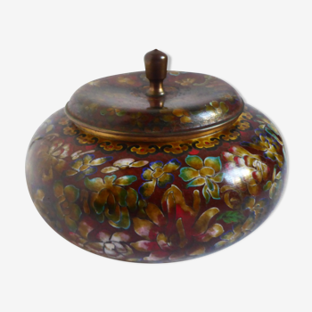 Circular box in ovoid shape in enamelled copper with floral pattern