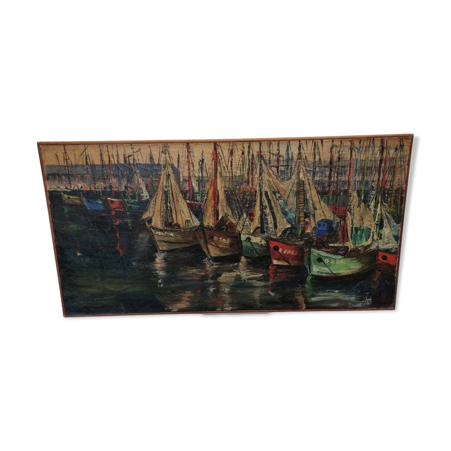Vintage French Painting With Boats In Harbor by Bourgeois, mid-century