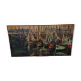 Vintage French Painting With Boats In Harbor by Bourgeois, mid-century