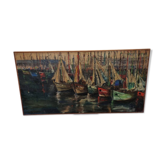 Vintage French Painting With Boats In Harbor by Bourgeois, mid-century
