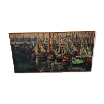 Vintage French Painting With Boats In Harbor by Bourgeois, mid-century