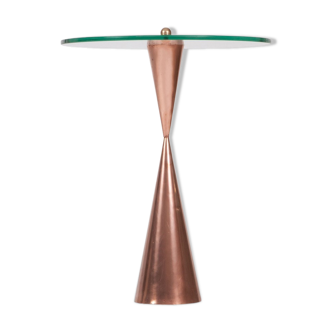 Copper cone-shaped side table with 1970 glass tray