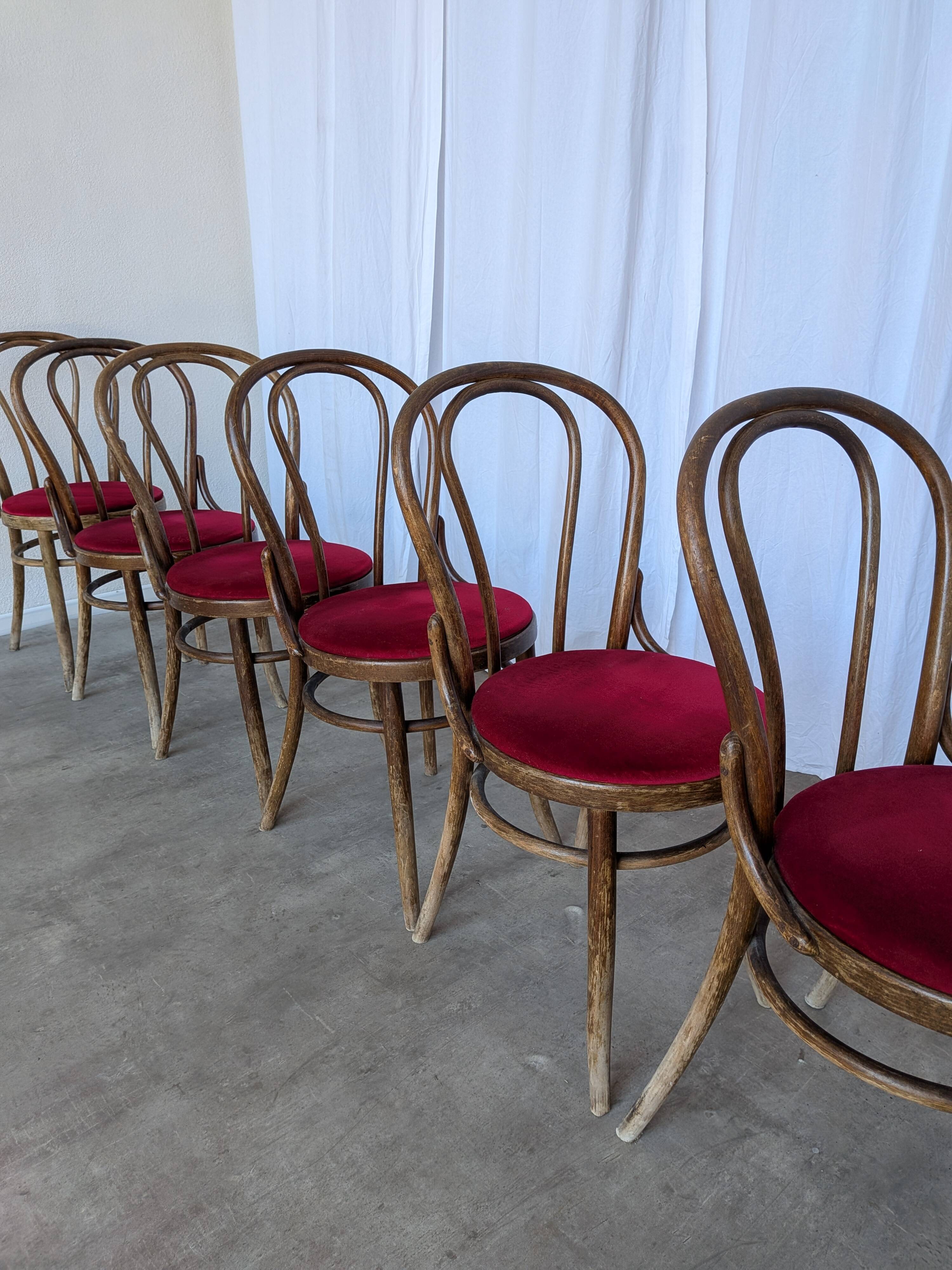 Set of 8 Vintage Bentwood Bistro Chairs: Red Upholstery