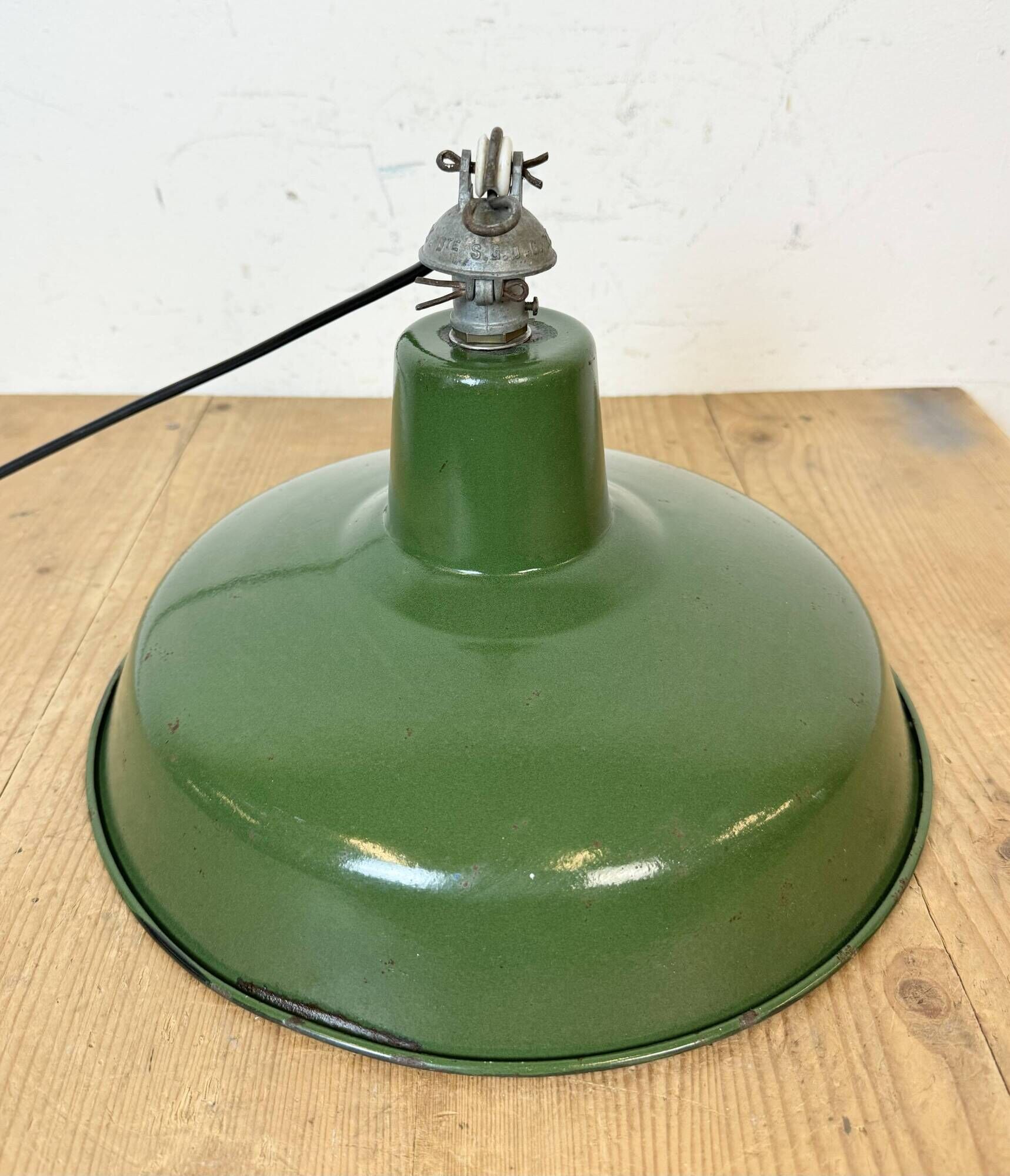 Industrial French Green Enamel Factory Lamp, 1960s